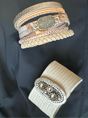 2 bracelet set - Neutral Stone & Beaded Multi-Row Bracelet Set - Beige, Taupe,